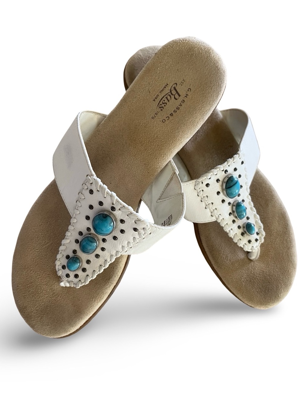 Bass White Thong Trudy Sandals with Faux Turquoise Stones Size 8M Made in USA